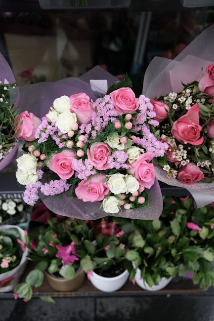A floral arrangement featuring a bouquet of fresh pink roses, white carnations, and delicate pink gypsophila, artistically wrapped in translucent purple tissue paper. The bouquet is arranged with gree