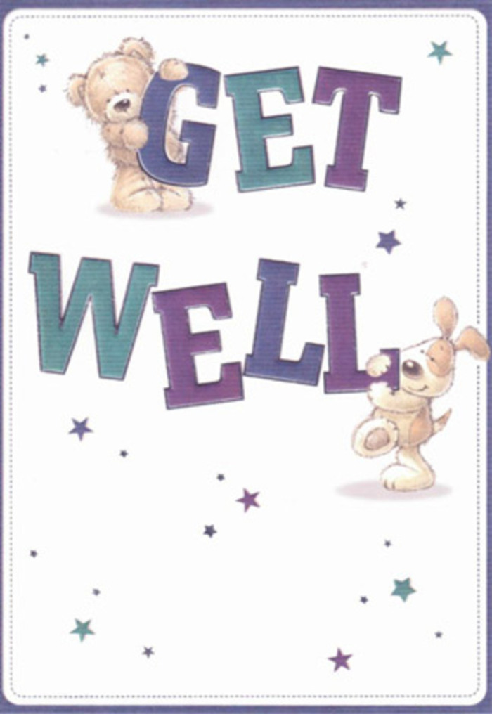 On this joyful get well card, a heartwarming tableau unfolds, reminiscent of the close-knit community spirit along the leafy avenues of Queen's Park. The scene is anchored by two beloved companions: a soft, plush teddy bear whose rounded paws rest atop the welcoming 'GET,' and an exuberant puppy with floppy ears nestled against the bold 'WELL.' Their expressions glow with understanding and gentle encouragement, perfectly embodying the comfort offered by neighbours or friends delivering a bouquet from Salusbury Road florists. Surrounding them, playful constellations of violet and blue stars scatter across the clean, creamy background, each star casting a glimmer that recalls clear Queen's Park evenings. The oversized text-shaded in gradients of plum and teal-commands attention while creating a sense of joyful reassurance. There's a tactile invitation in the fine illustration: you can almost trace the furry textures with your fingers, much as you'd appreciate the layering of petals in a carefully crafted bouquet. Sending this card feels like sharing a piece of Queen's Park's warmth-a gesture both uplifting and deeply heartfelt, sure to brighten any recovery.