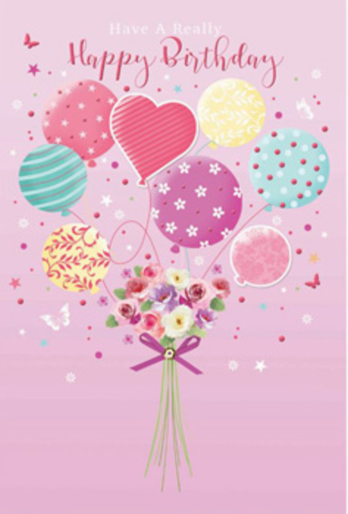 This gentle birthday scene resembles a daydream you might have while strolling through Queen's Park on a quiet afternoon, with the sky painted in soft pink and pastels. The artwork centres on a whimsical bouquet of balloons that appears to lift a miniature garden into the air. Each balloon is unique yet coordinated, bathed in pale sunshine yellow, rosy fuchsia, seafoam green, and lavender, with patterns that range from swirling ribbons to playful polka dots and dainty floral motifs. One balloon forms a subtle heart shape, anchoring the emotional tone with a sense of warmth and affection. Light seems to pour over the entire composition, creating tender highlights on the curved surfaces of the balloons and a soft glow around the flowers below. At the base, a hand-tied bouquet mirrors the colours above, as if freshly gathered by an experienced local florist who knows the tastes of Queen's Park residents. Petite roses and soft, daisy-like blossoms nestle together in shades of cream, blush pink, and gentle mauve, their velvety petals edged with hints of deeper rose, as though brushed by morning light streaming through a shop window on Salusbury Road. The flowers are bound with a sparkling purple bow, its satin folds slightly crinkled, giving a tactile sense of craftsmanship and care. Around the bouquet, whimsical butterflies and tiny star accents seem to hover, capturing that fleeting feeling just before birthday candles are lit. The entire illustration feels like an intimate celebration, perfect for a birthday card or to accompany a flower delivery heading to homes near Brondesbury Park or along Kilburn Lane, designed to make the recipient feel cherished, seen, and joyfully remembered.